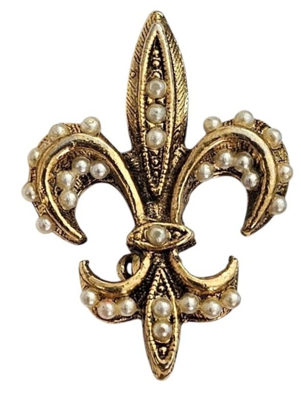 TACOA Gold Tone Vintage Faux Pearl Fleur De Lis Pin, Signed L817